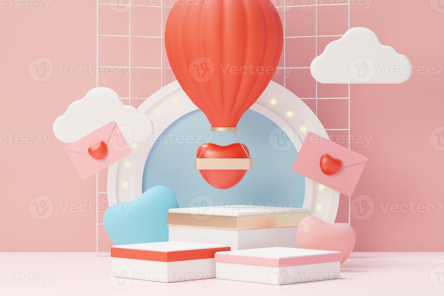 3d render minimal sweet scene with display podium for mock up and product brand presentation. Pink Pedestal stand for Valentine's Day's theme. Cute lovely heart background. Love day's design style. photo