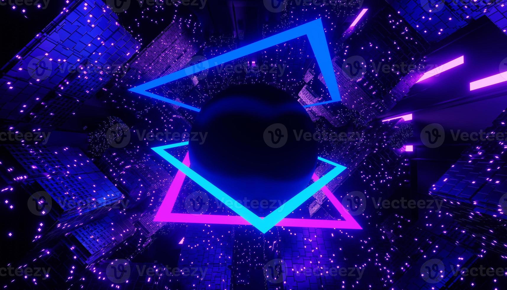 3d render of neon and light glowing on dark scene. Cyber punk night city concept. Night life. Technology network for 5g. Beyond generation and futuristic scene. Sci- fi pattern theme. photo