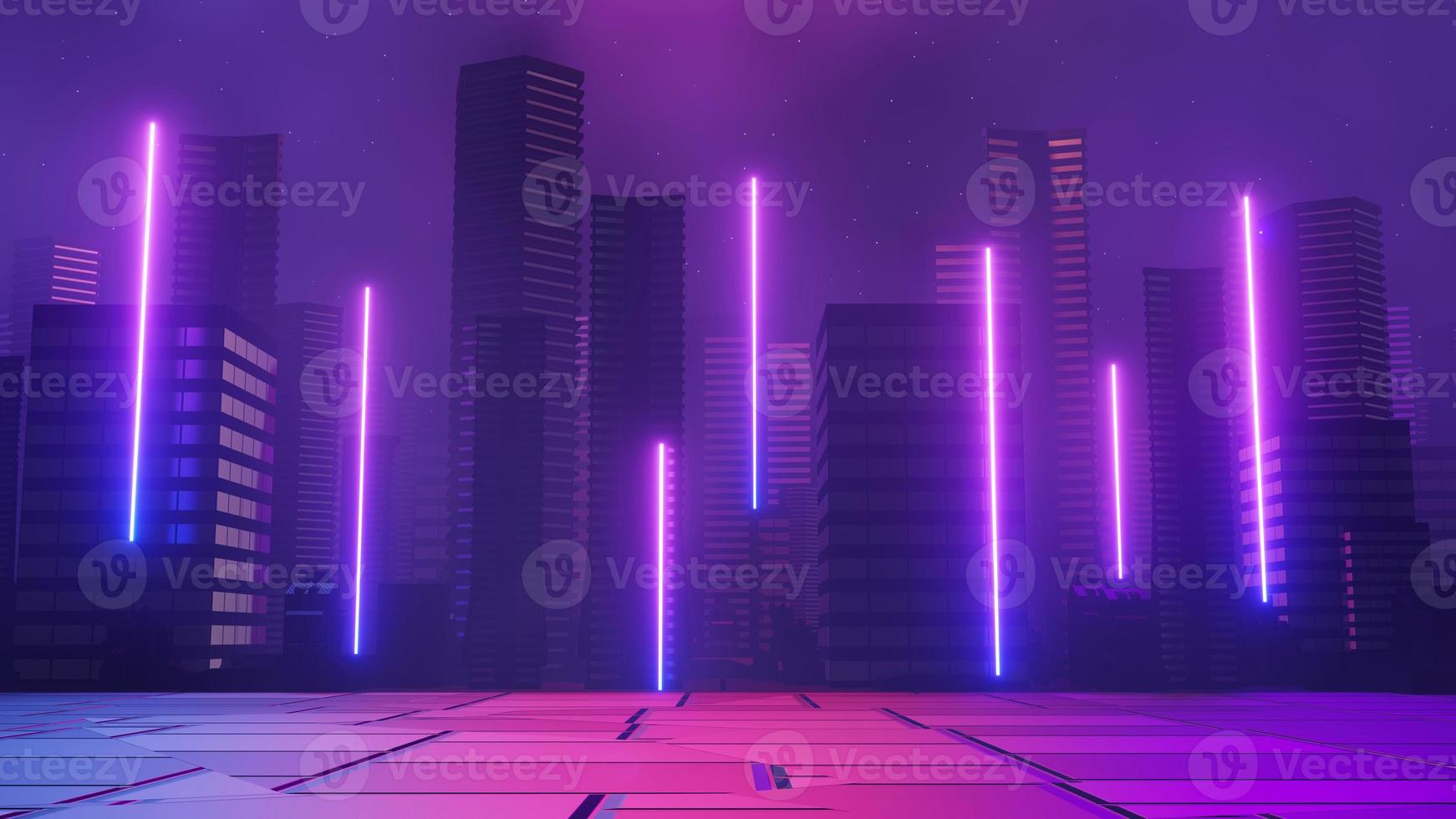 3d render of Cyber punk night city landscape concept. Light glowing on dark scene.  Night life. Technology network for 5g. Beyond generation and futuristic of Sci-Fi Capital city and building scene. photo