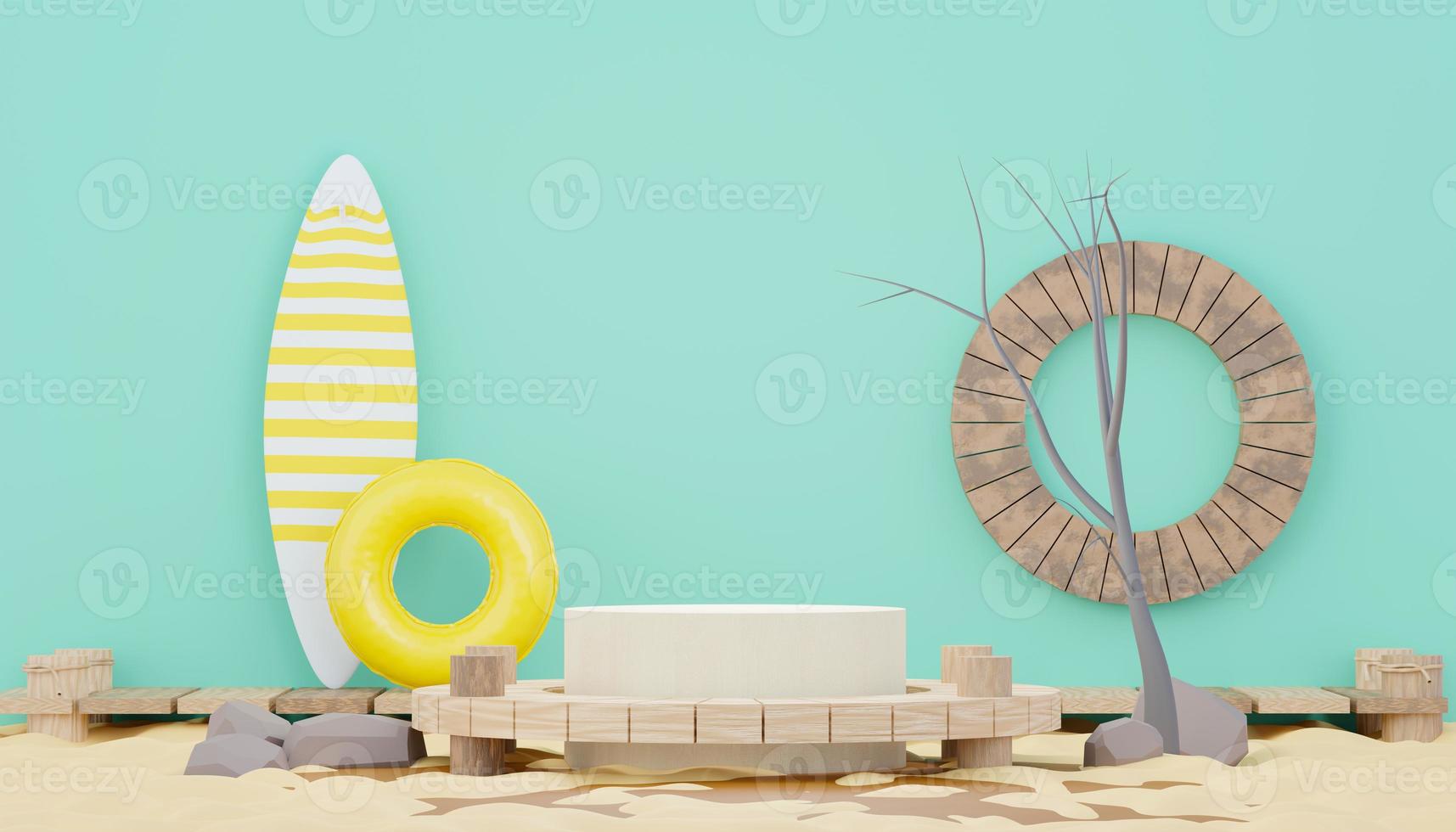 3d render minimal podium background for show and sales products. Hello Summer season scene design concept. Abstract Vacant pedestal for presentation and advertising. Beach Vacations in Summer. photo