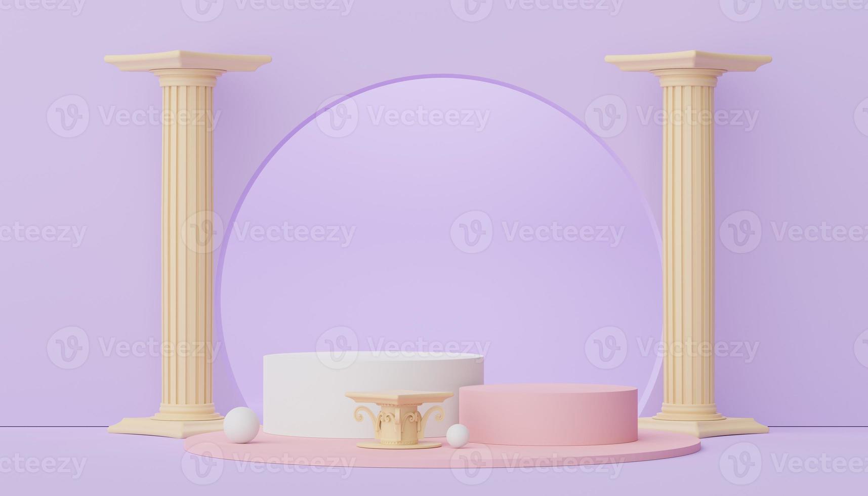 3d render of Abstract minimal  display podium with Greek Ancient baroque pillar background. Pedestal design for mock up and product presentation. Clean pastel color scene. photo