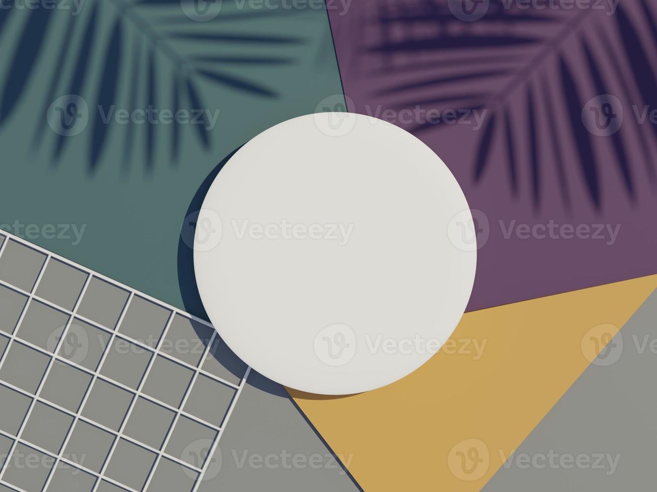 3d render top view of white blank cylinder frame for mock up and display products with shadows of palm leaves and earth tone background. photo
