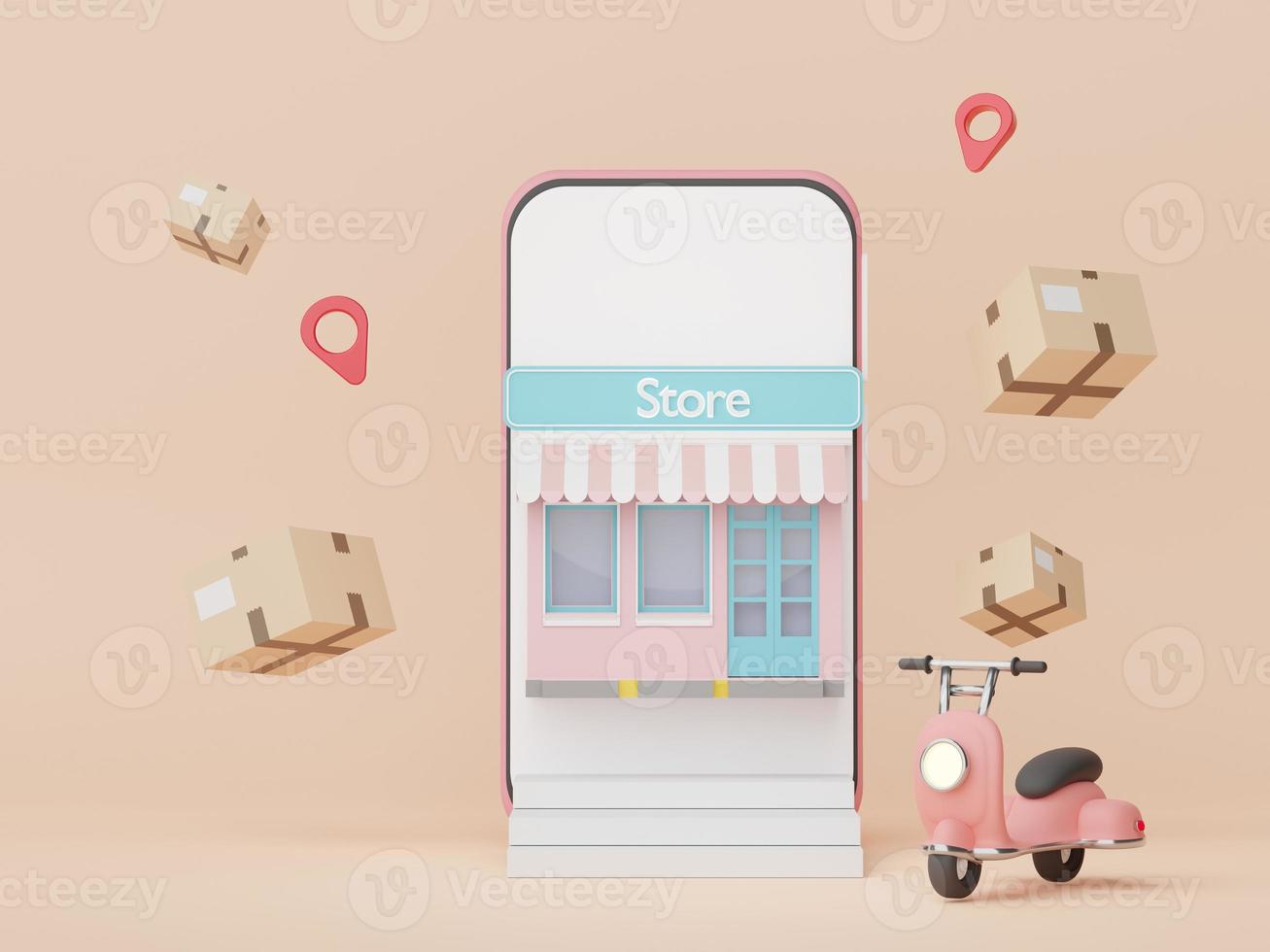 3d render Minimal mini mobile phone or smartphone for work with white copy space for mock up and creative design. Online mini Scooter parcel delivery on pastel background. Shopping online concept. photo