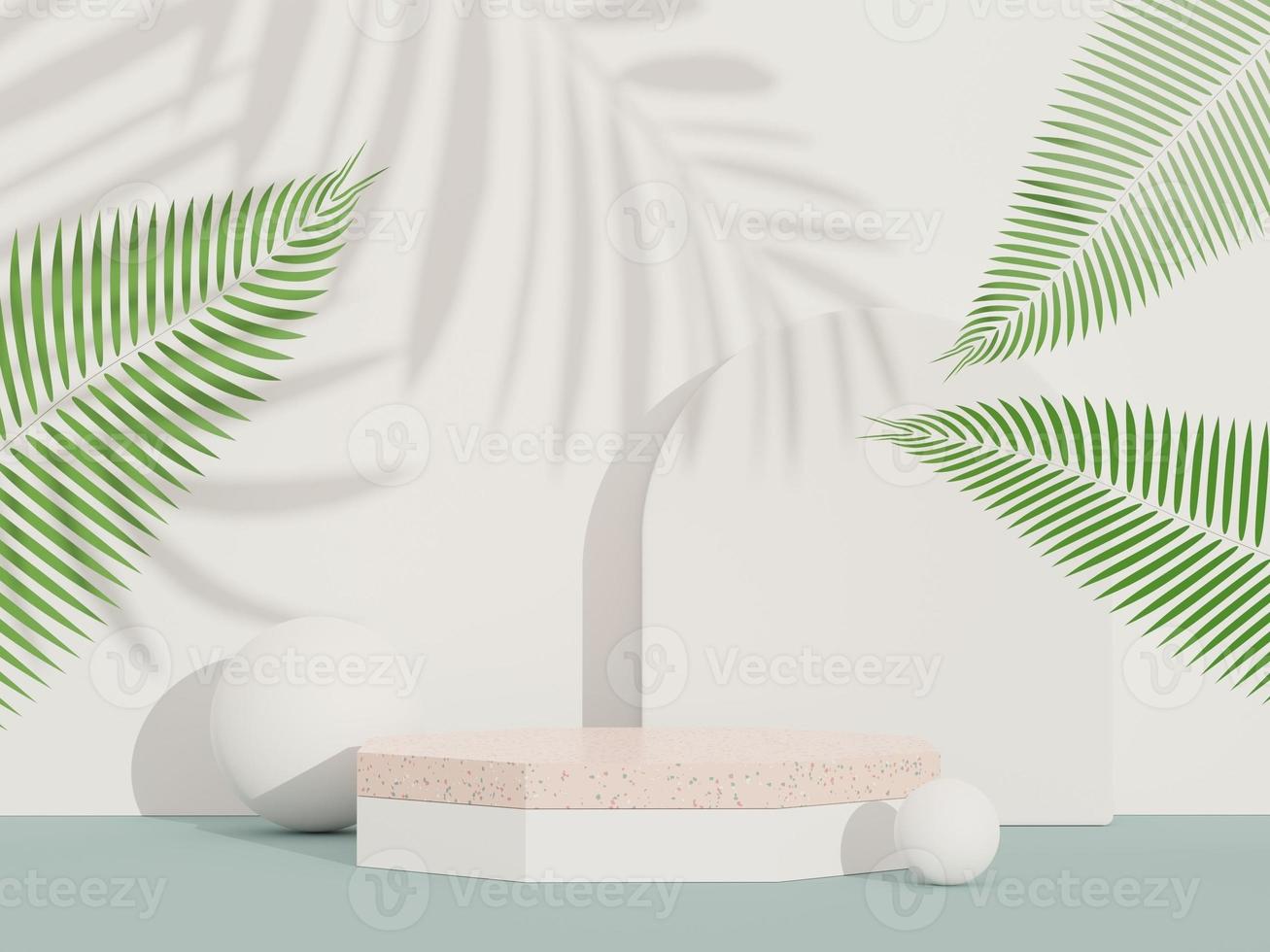 3d render of abstract pedestal podium display with terrazzo and shadow of leaves. Scene for present product promotion and beauty cosmetics. photo