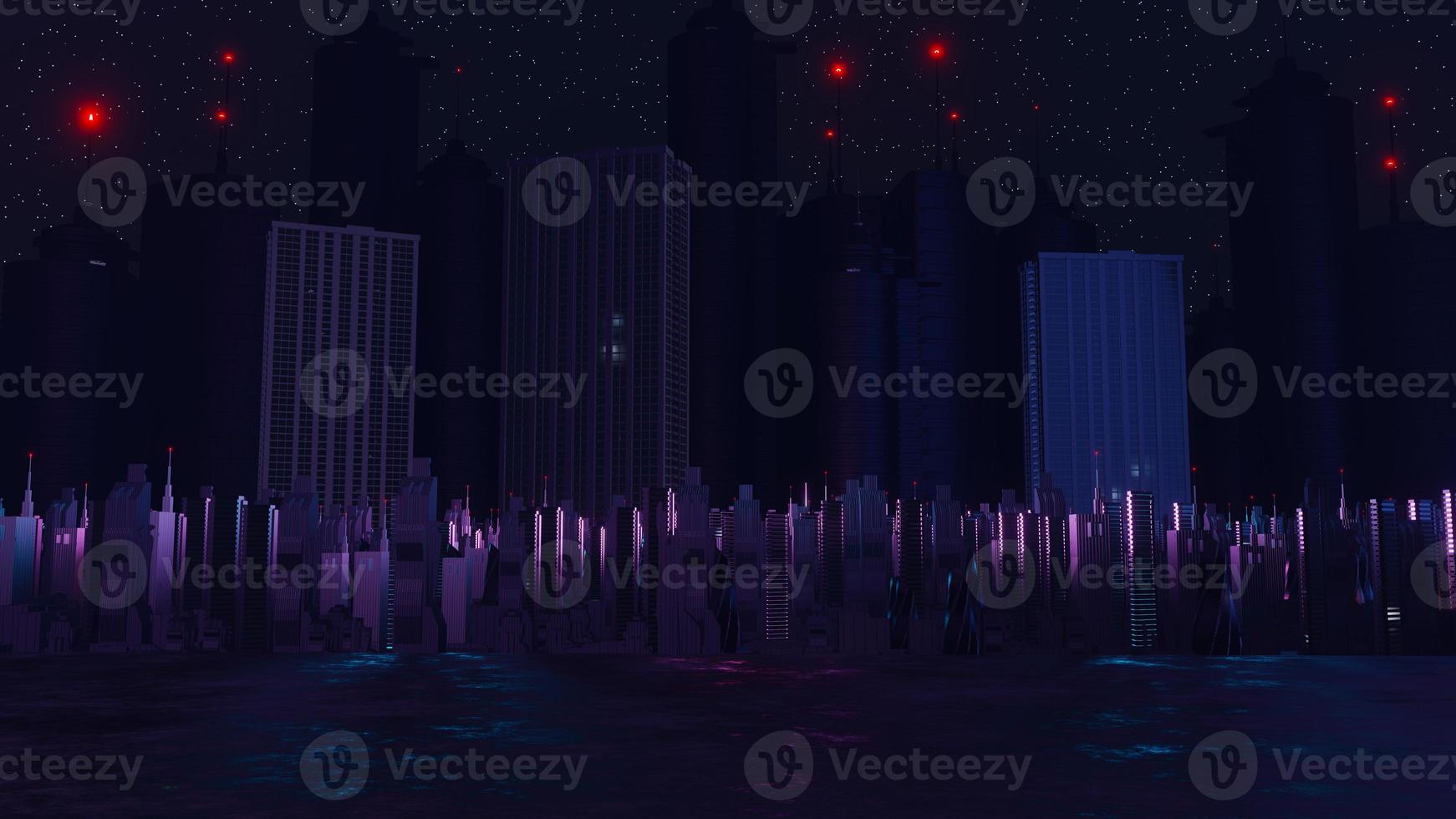 3d render of Cyber night city landscape concept. Light glowing on dark scene. Night life. Technology network for 5g. Beyond generation and futuristic of Sci-Fi Capital city and building scene. photo