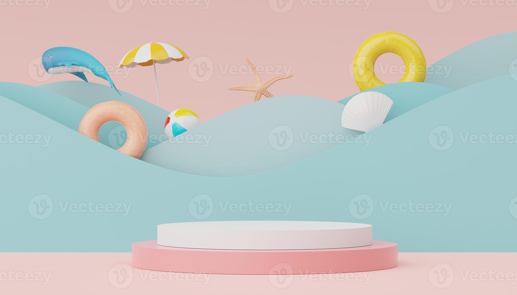 3d render of Abstract minimal  display podium for showing products or cosmetic presentation with summer beach scene. Summer time. photo