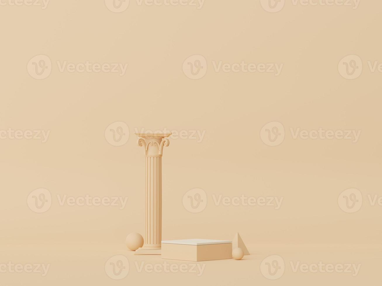 3d render of Abstract minimal  display podium with Greek Ancient baroque pillar background. Pedestal design for mock up and product presentation. Clean pastel color scene. photo