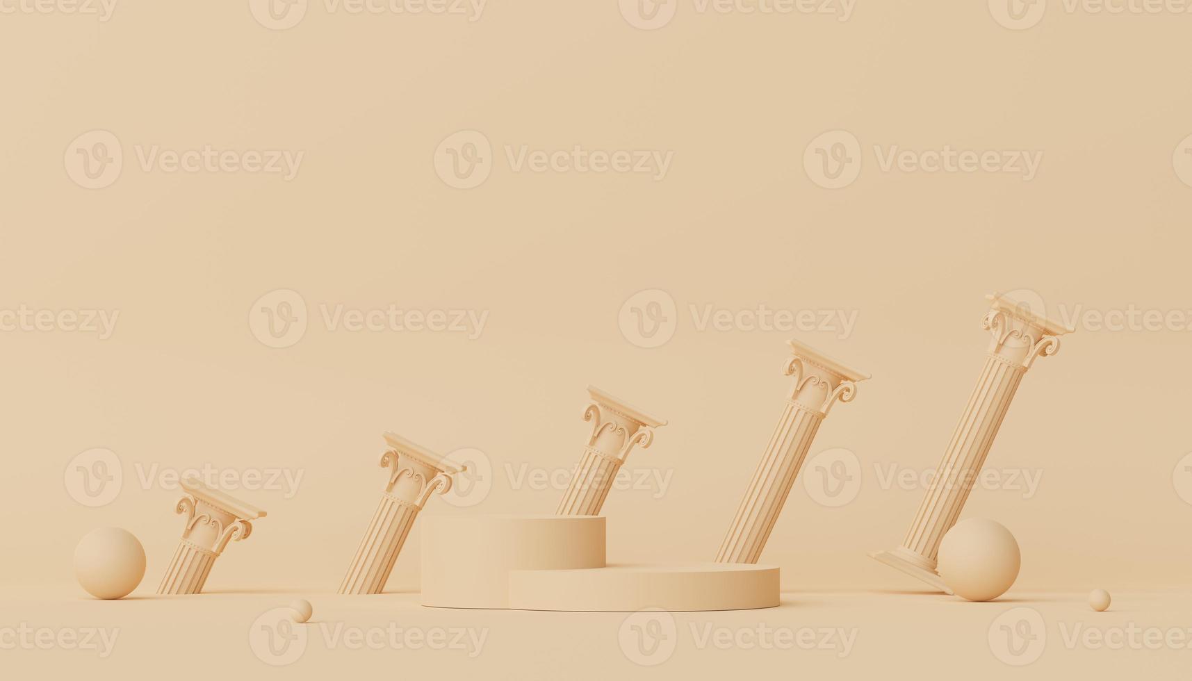 3d render of Abstract minimal  display podium with Greek Ancient baroque pillar background. Pedestal design for mock up and product presentation. Clean pastel color scene. photo