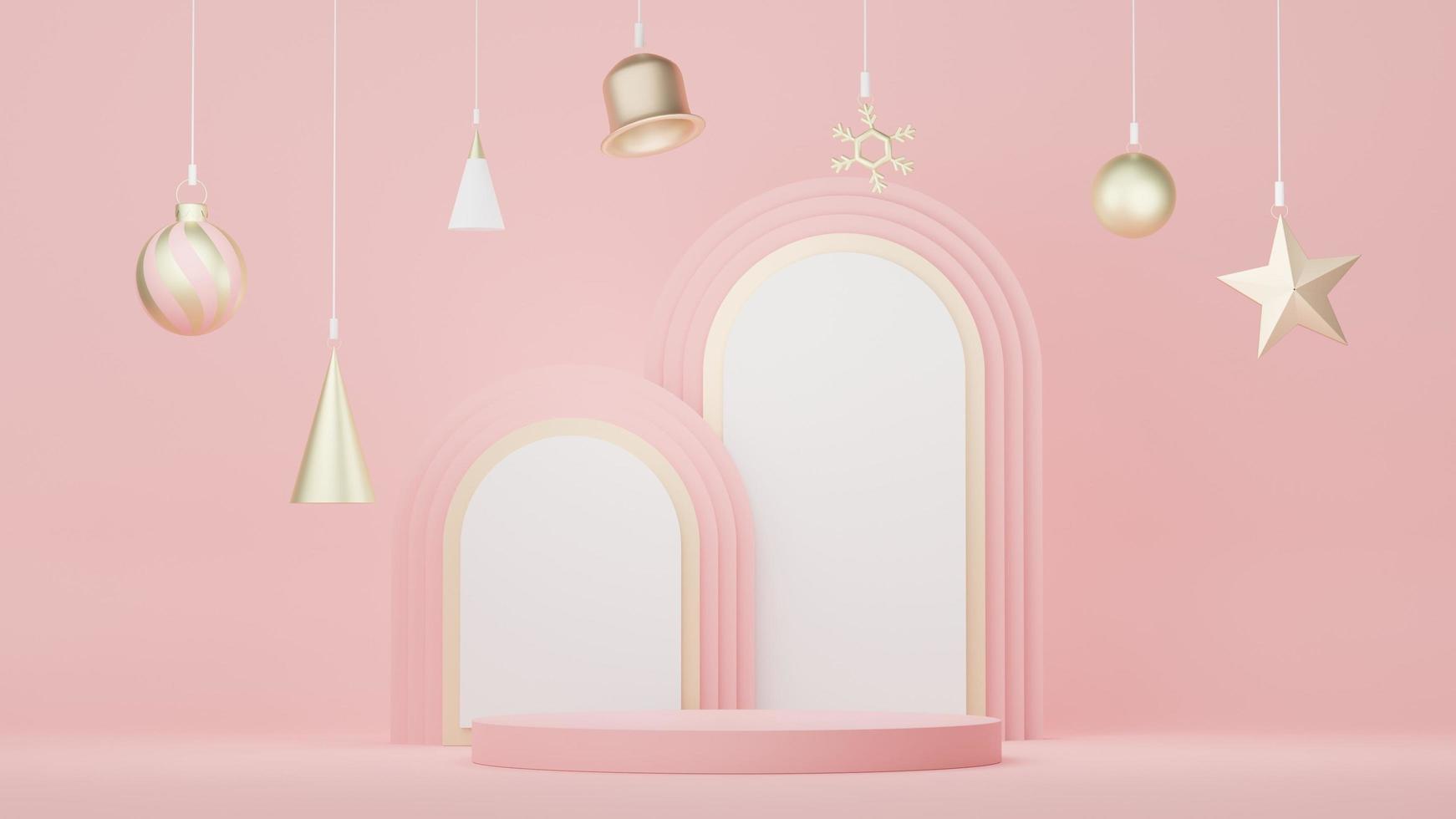 3d Display Podium for product and cosmetic presentation with Merry Christmas and Happy new year concept. Modern geometric. Platform for mock up and showing brand. Minimal clean design. photo