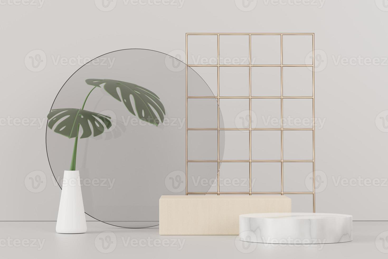 3d render of abstract pedestal podium display with Tropical Monstera leaves. Product and promotion concept for advertising. Green natural background. photo