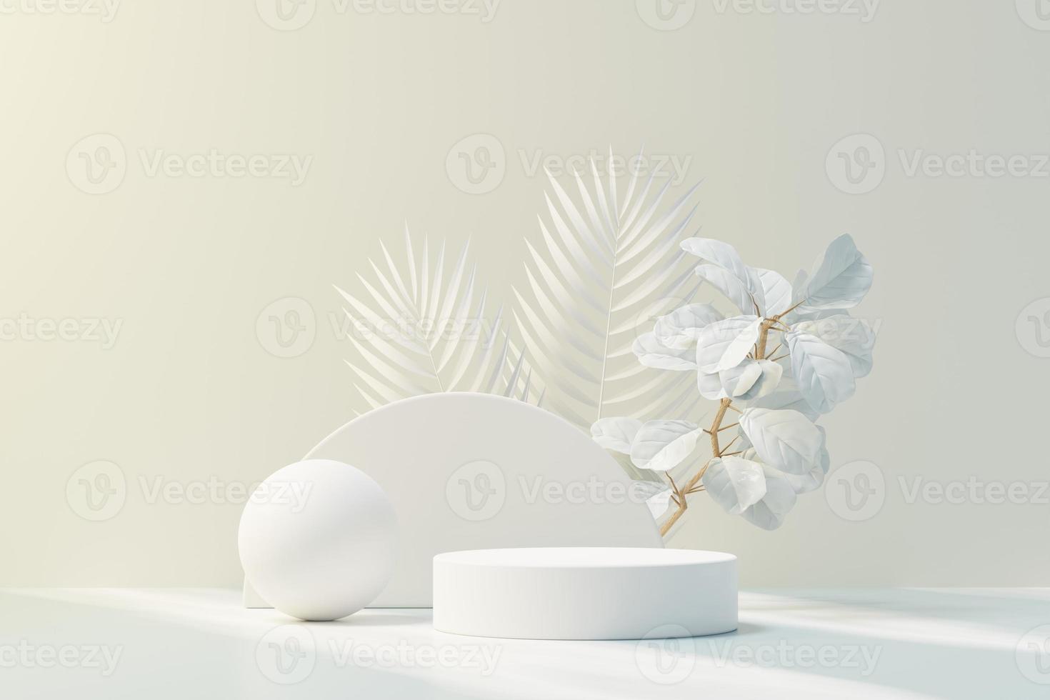 3d render of abstract pedestal podium display with Tropical leaves and Blue sky clouds pastel and plant scene. Product and promotion concept for advertising. Blue pastel natural background. photo