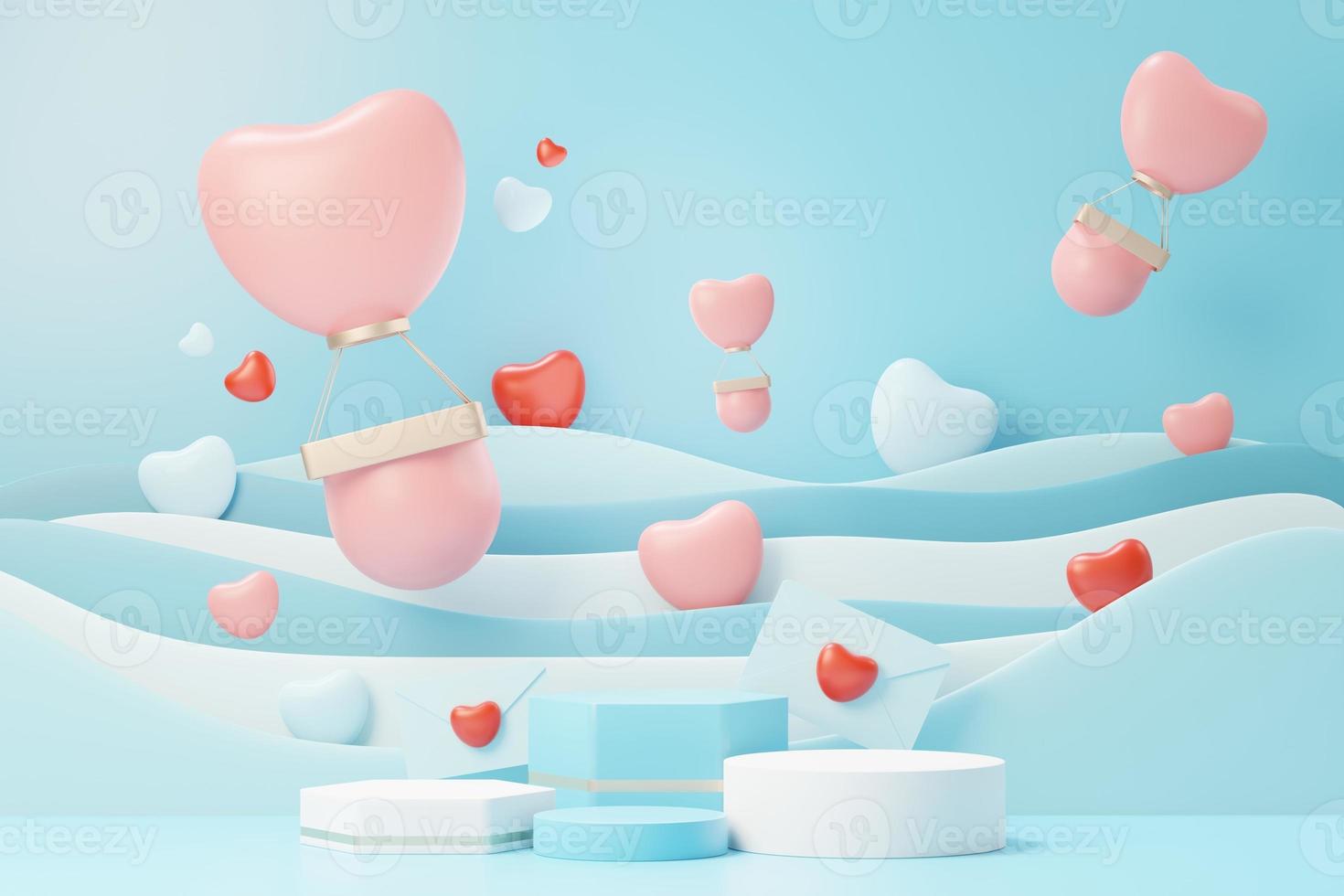 3d render minimal sweet scene with display podium for mock up and product brand presentation. Pink Pedestal stand for Valentine's Day's theme. Cute lovely heart background. Love day's design style. photo