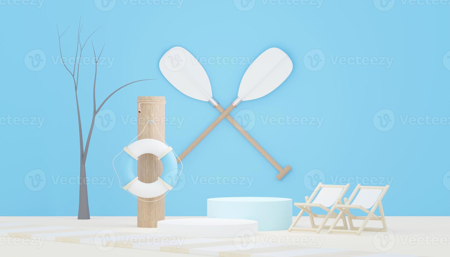 3d render Summer sale podium stand for showing product. Beach Vacations Scene in Summer for mock up. photo