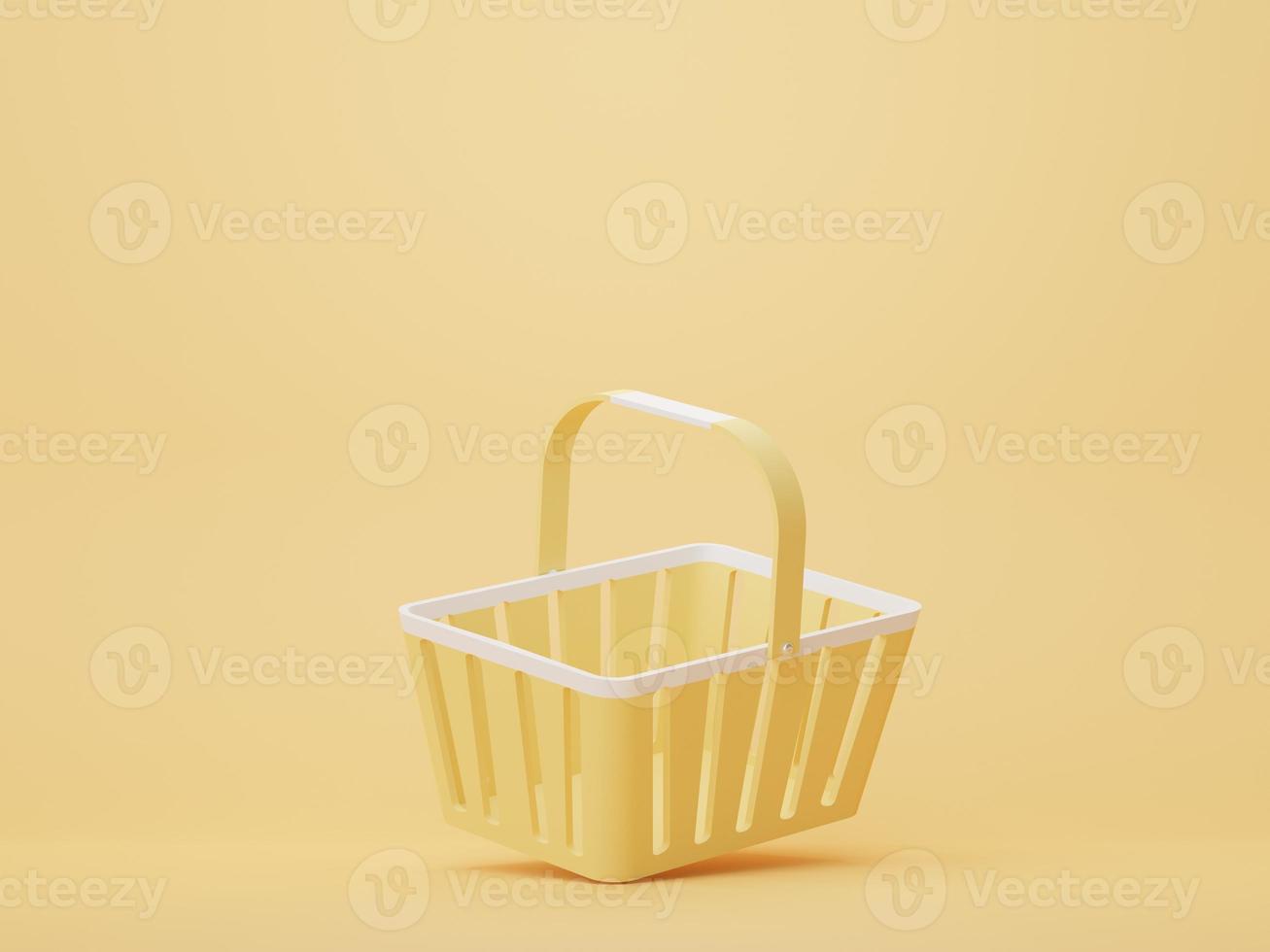 Render 3d de cesta de compras amarilla vacía sobre fondo pastel. carrito de compras para supermercado y centro comercial. foto