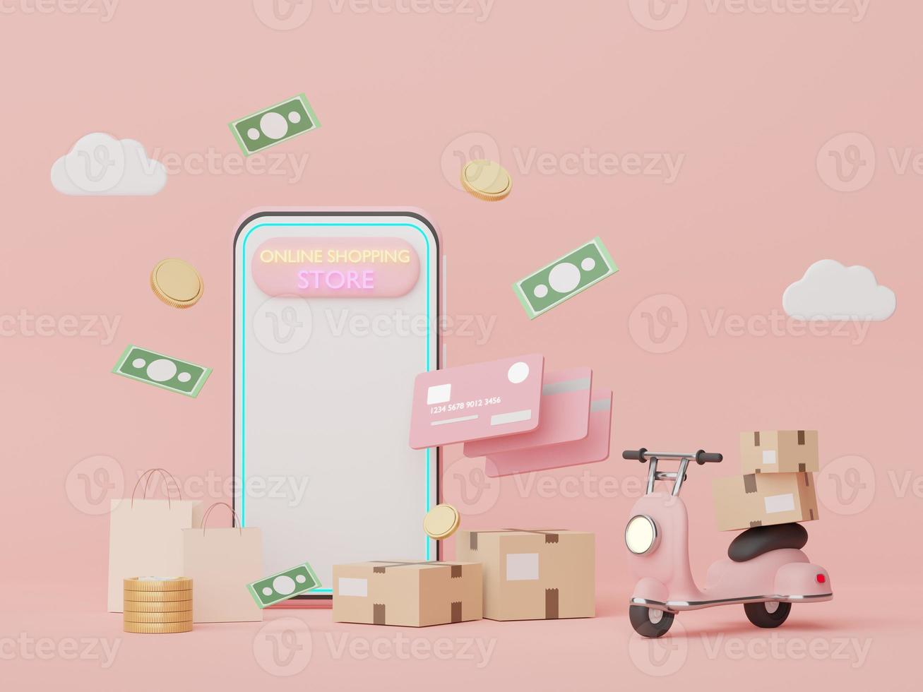 3d render Minimal mini mobile phone or smartphone with credit cards. Money concepts financial planning. Online shopping. Wealth management franchises. Cashless society scene. photo