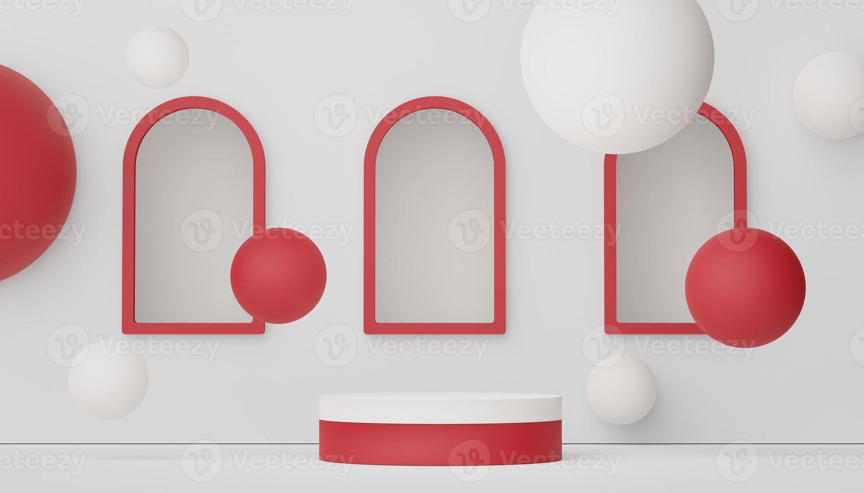 Podium for product placement with Retro modern and contemporary design. 3d rendering minimal scene for mock up and showing brand. Pedestal platform for cosmetic advertise. Various of arch simple. photo