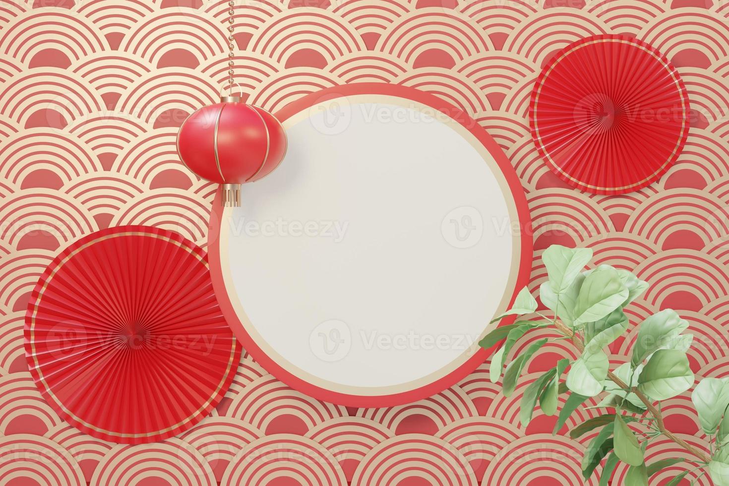 3d render top view of white blank cylinder frame for mock up and display products with Chinese traditional background. photo