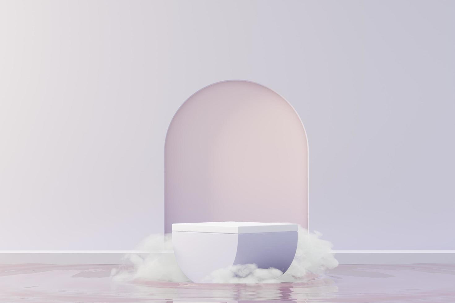 3d Beauty premium pedestal product display with Dreaming land and fluffy cloud. Minimal pastel sky and clouds scene for present product promotion and beauty cosmetics. Romance land of Dreams concept. photo