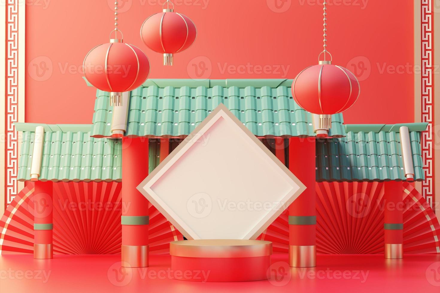 3d rendering of minimal scene of blank podium with Chinese lunar new year theme. Display stand for product presentation mock up. Chinese traditional texture. photo