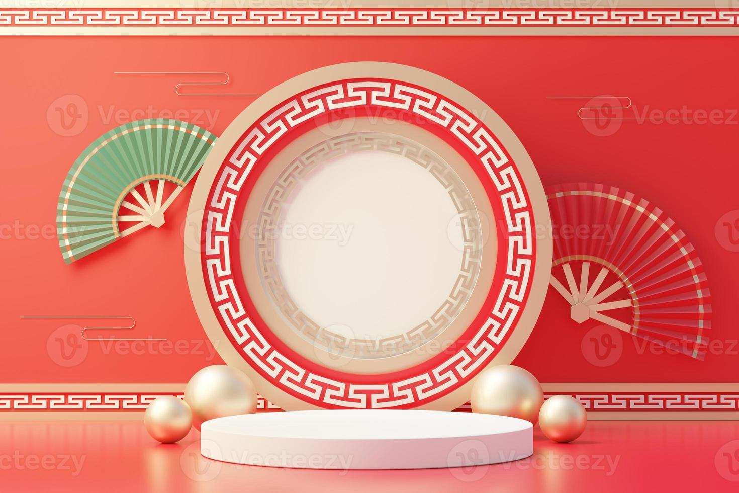 3d rendering of minimal scene of blank podium with Chinese lunar new year theme. Display stand for product presentation mock up. Chinese traditional texture. photo