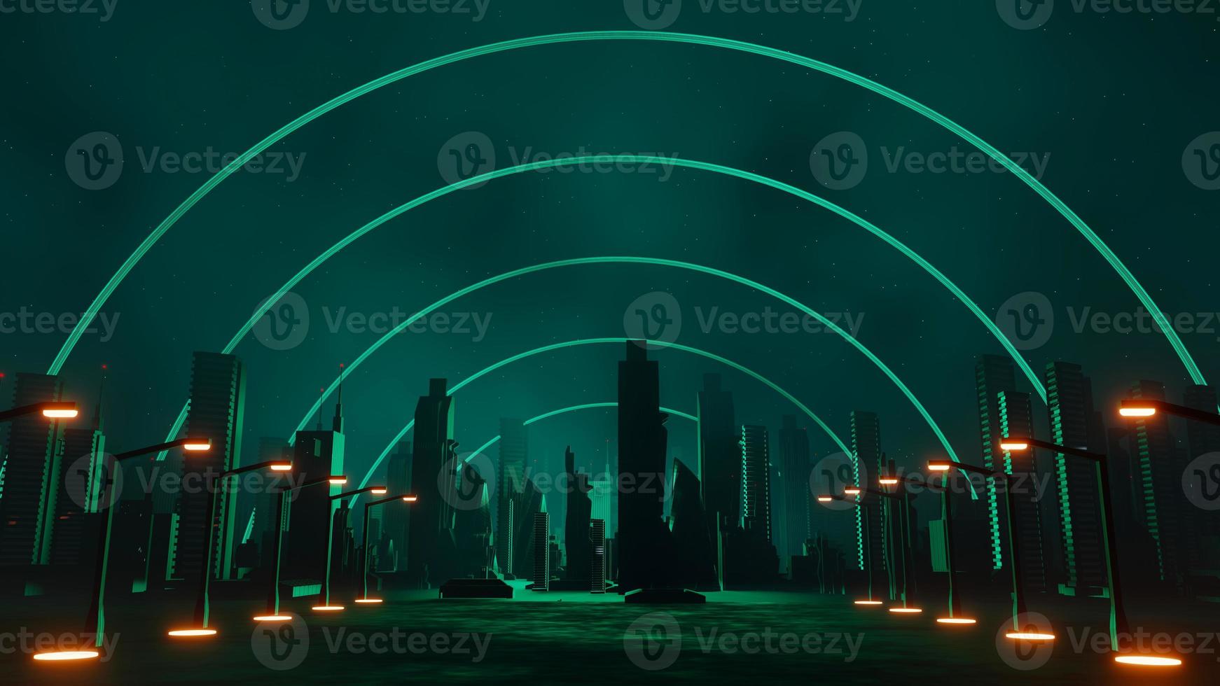 3d render of Cyber punk night city landscape concept. Light glowing on dark scene. Night life. Technology network for 5g. Beyond generation and futuristic of Sci-Fi Capital city and building scene. photo