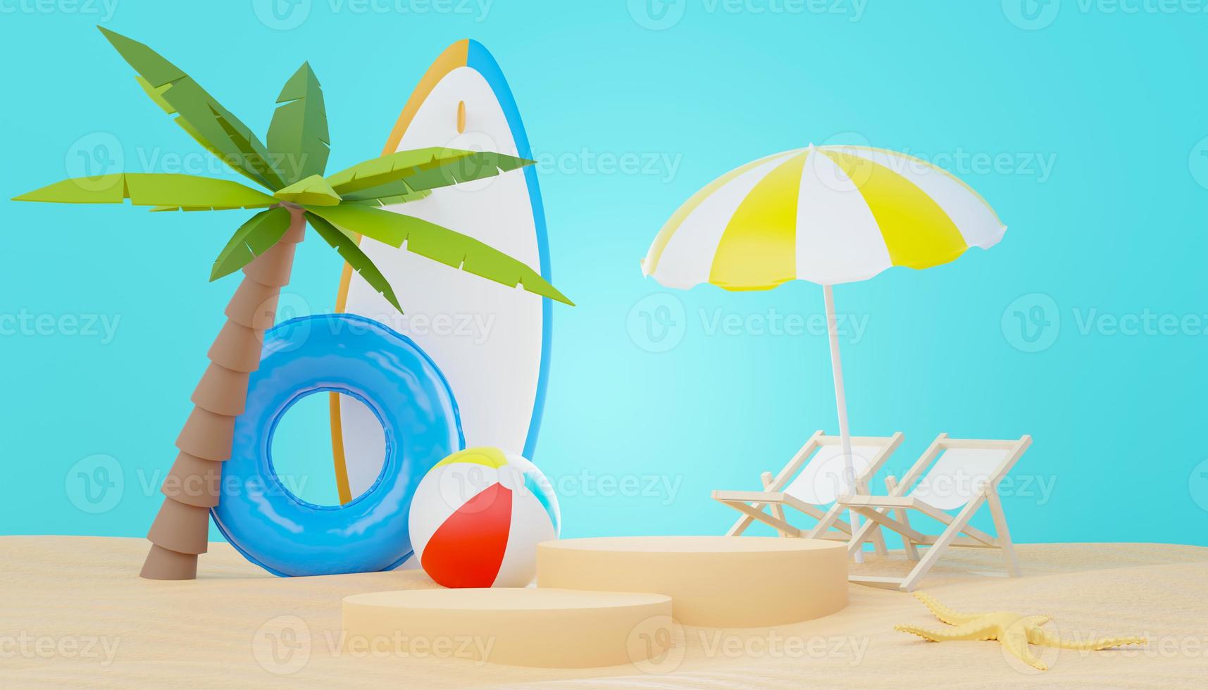 3d render Summer sale podium stand for showing product. Beach Vacations Scene in Summer for mock up. photo