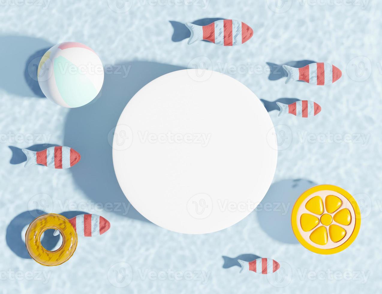 3d render top view of white blank cylinder frame for mock up and display products with water Caustics below swimming pool or shiny rays. Ripple Caustics. Summer background. Creative idea concept. photo