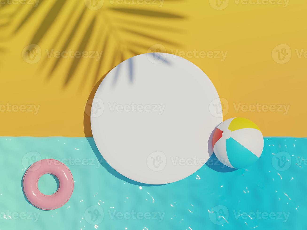 3d render top view of white blank cylinder frame for mock up and display products with summer beach scene and shadow of palm leaves. Summer time season background. photo