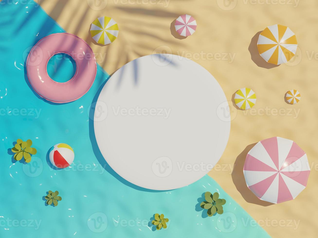 3d render top view of white blank cylinder frame for mock up and display products with summer beach scene and shadow of palm leaves. Summer time season background. photo
