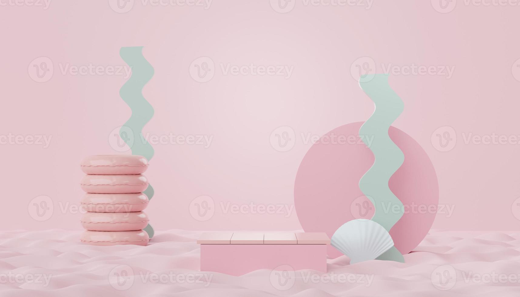 3d render of minimal display podium with summer season background concept. Minimalist pedestal for web banner and mock up. photo