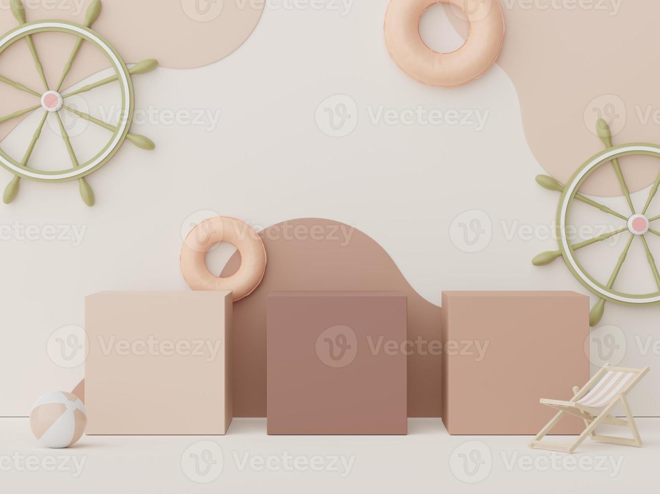 3d podium stand for product presentation with summer concept. Pedestal platform for cosmetic advertising. Minimal summer vacation. photo