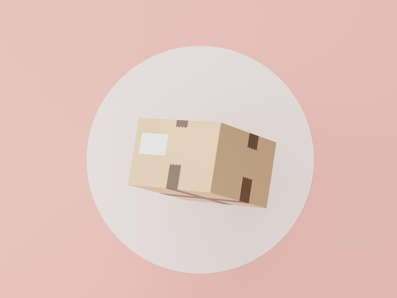 Render 3d de cartón de paquete en círculo blanco para maqueta y diseño creativo. concepto de compras en línea. concepto de entrega en línea con fondo pastel. embalaje para servicio de transporte express. foto