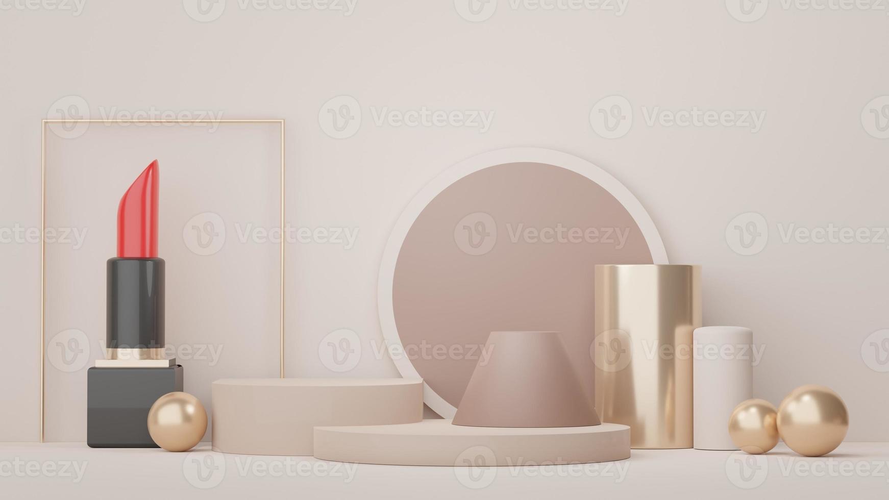 3d Display Podium for product and cosmetic presentation with lipstick and modern geometric. Platform for mock up and showing brand. Minimal clean design. Rendering platform luxury scene. photo