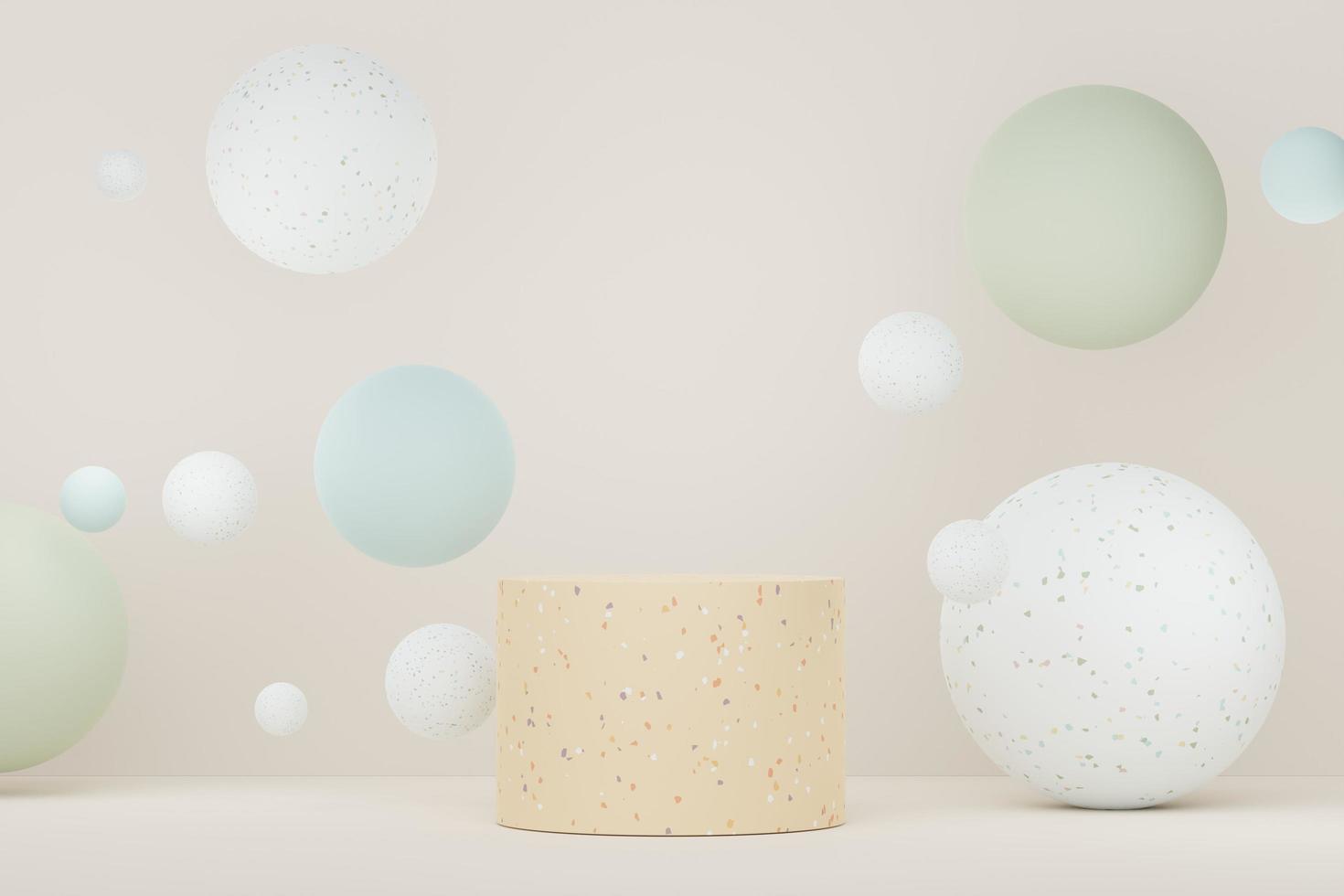 3d render of abstract pedestal podium display with terrazzo chips floor design. Scene for present product promotion and beauty cosmetics. photo