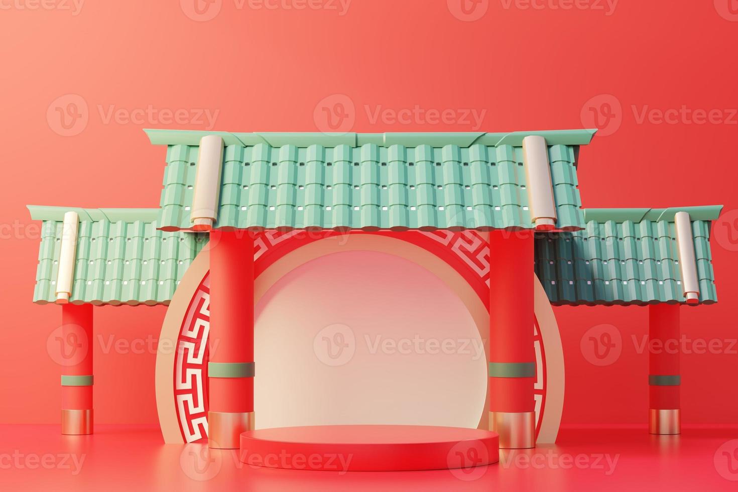 3d rendering of minimal scene of blank podium with Chinese lunar new year theme. Display stand for product presentation mock up. Chinese traditional texture. photo