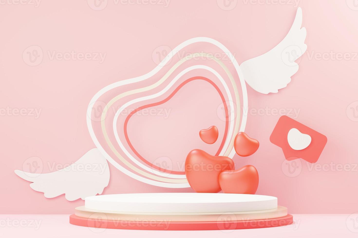 Representación 3D de escena dulce mínima con podio de visualización para maquetas y presentación de marca de producto. soporte de pedestal rosa para el tema del día de san valentín. lindo fondo de corazón encantador. estilo de diseño del día del amor. foto