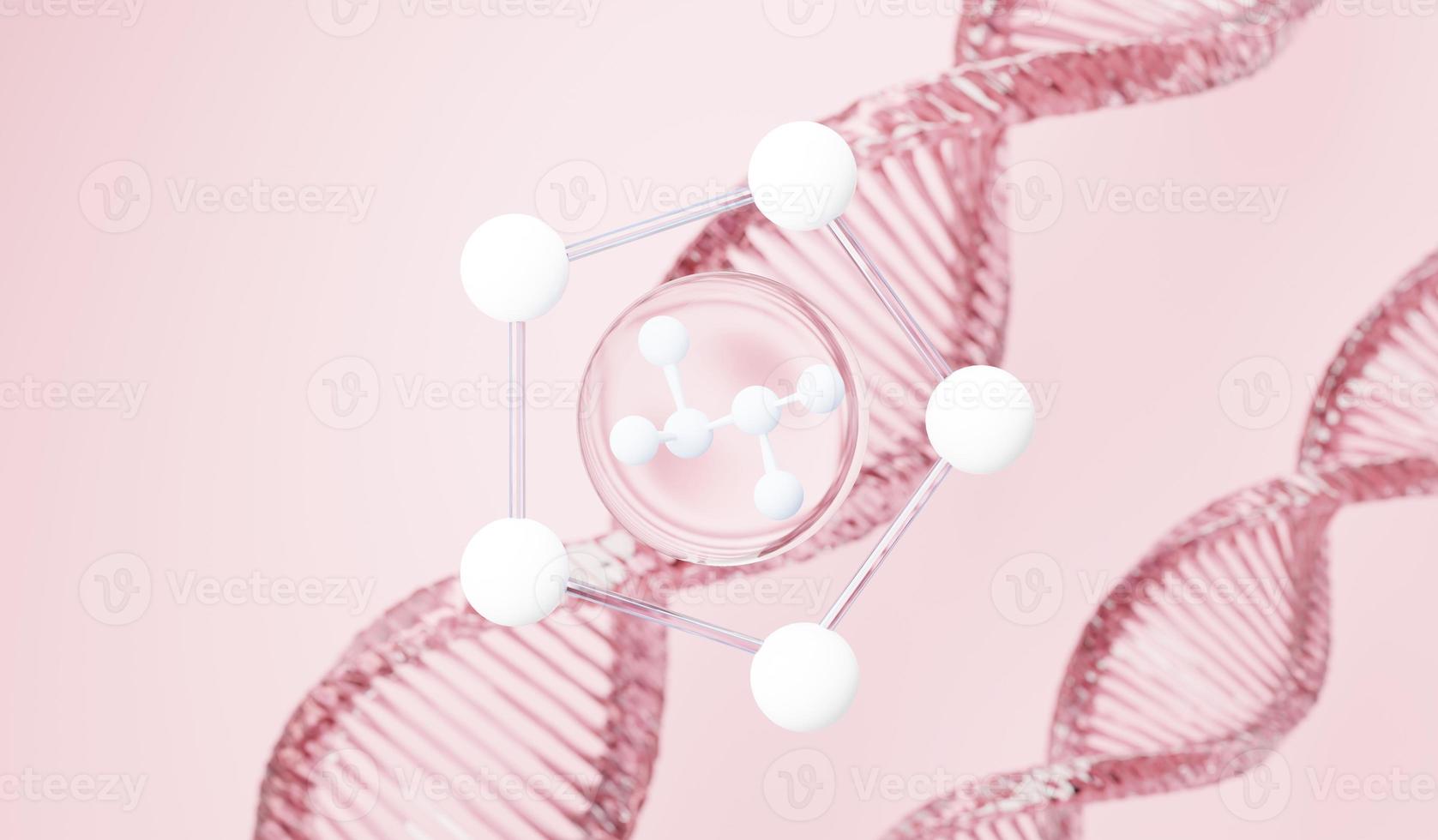 3d render of simple chemical bond in side cell or molecules. The associated of atoms, ions, bond and molecules. Liquid drop bubble background. Covalent bond. Biochemical interaction. photo