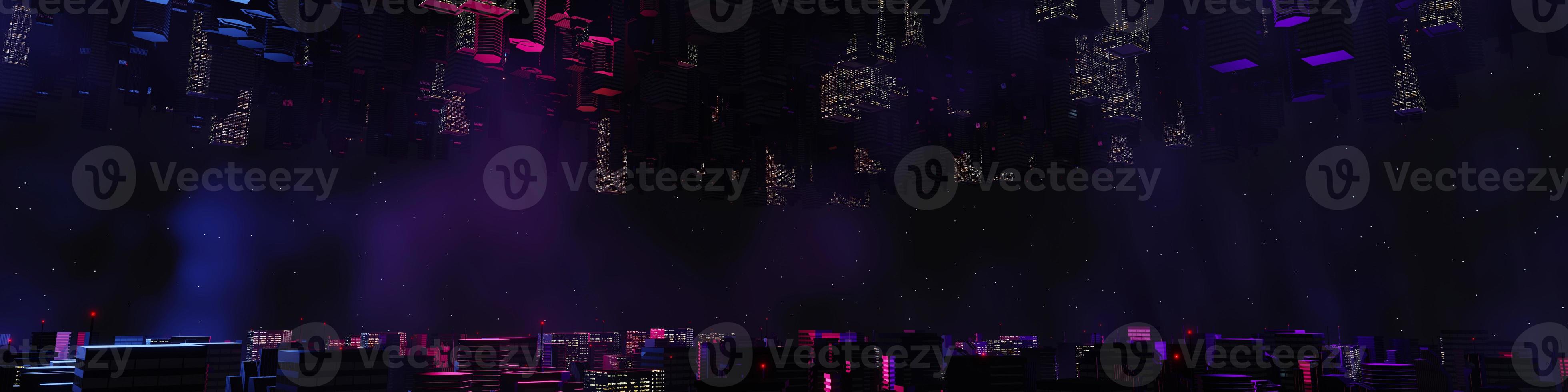 3d render of Cyber punk night city landscape concept. Light glowing on dark scene. Night life. Technology network for 5g. Beyond generation and futuristic of Sci-Fi Capital city and building scene. photo