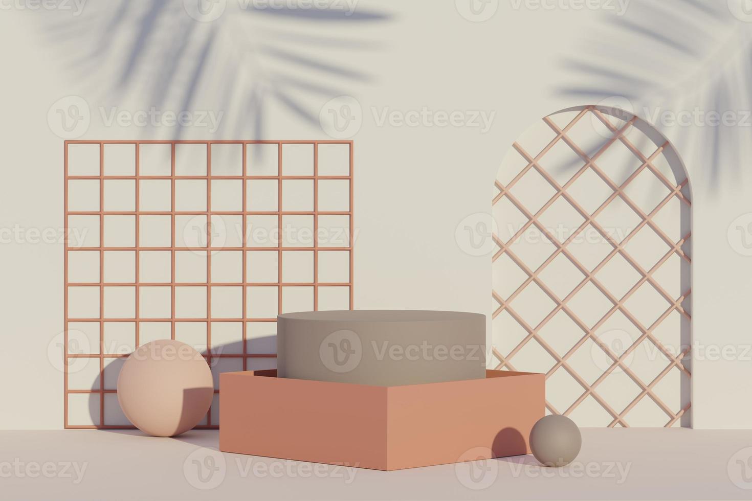 3d rendering of minimal scene of white blank podium with earth tones color theme. Display stand for product presentation mock up and cosmetic advertising. photo