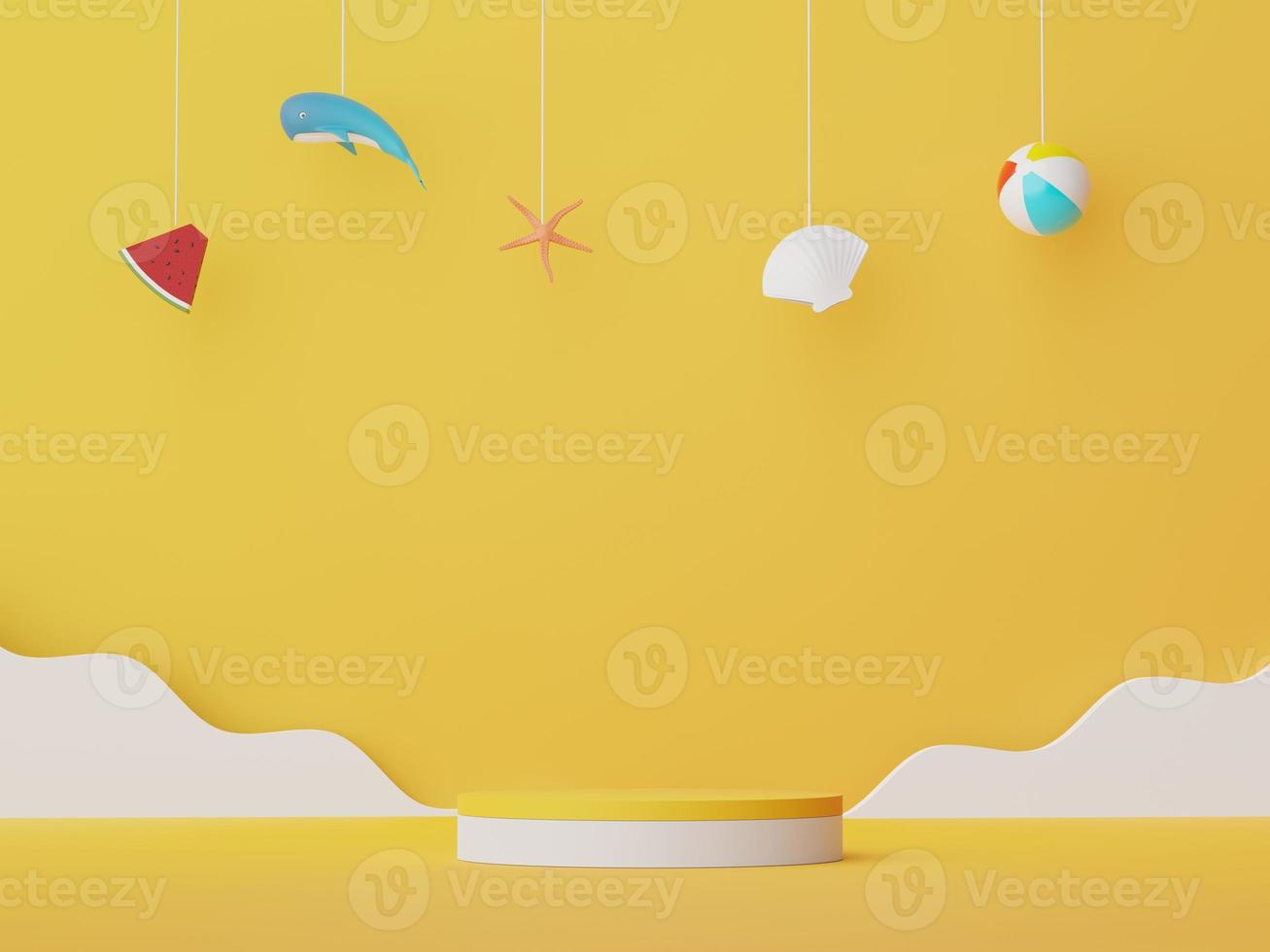 3d render of Abstract minimal  display podium for showing products or cosmetic presentation with summer beach scene. Summer time. photo