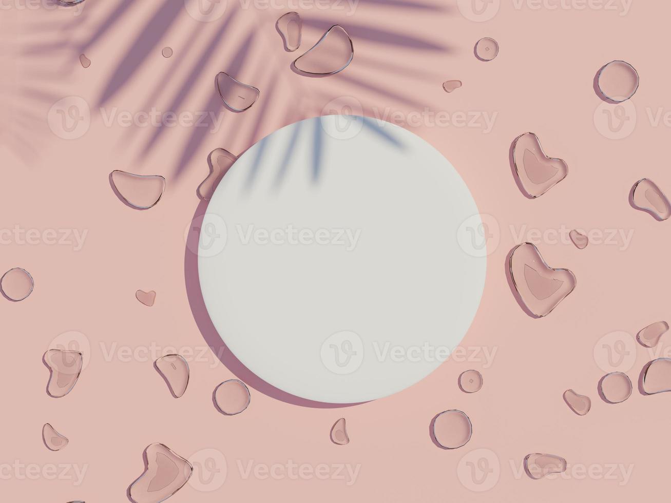 3d render top view of white blank cylinder frame for mock up and display products with shadows of palm leaves and earth tone background. photo