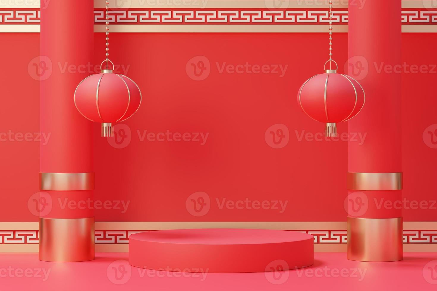 3d rendering of minimal scene of blank podium with Chinese lunar new year theme. Display stand for product presentation mock up. Chinese traditional texture. photo