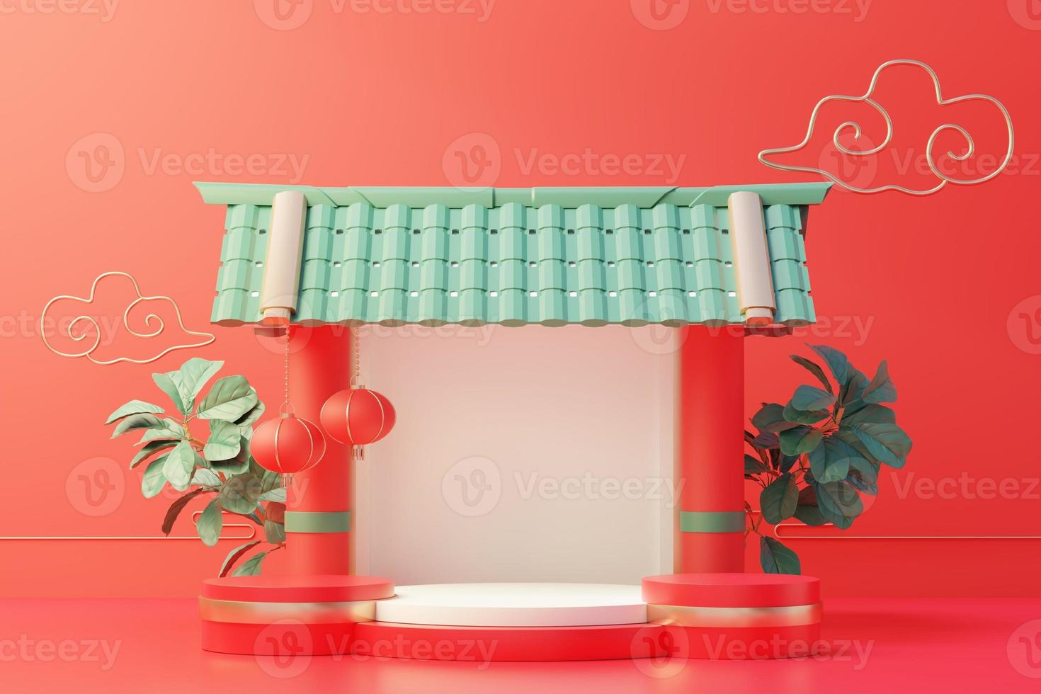 3d rendering of minimal scene of blank podium with Chinese lunar new year theme. Display stand for product presentation mock up. Chinese traditional texture. photo