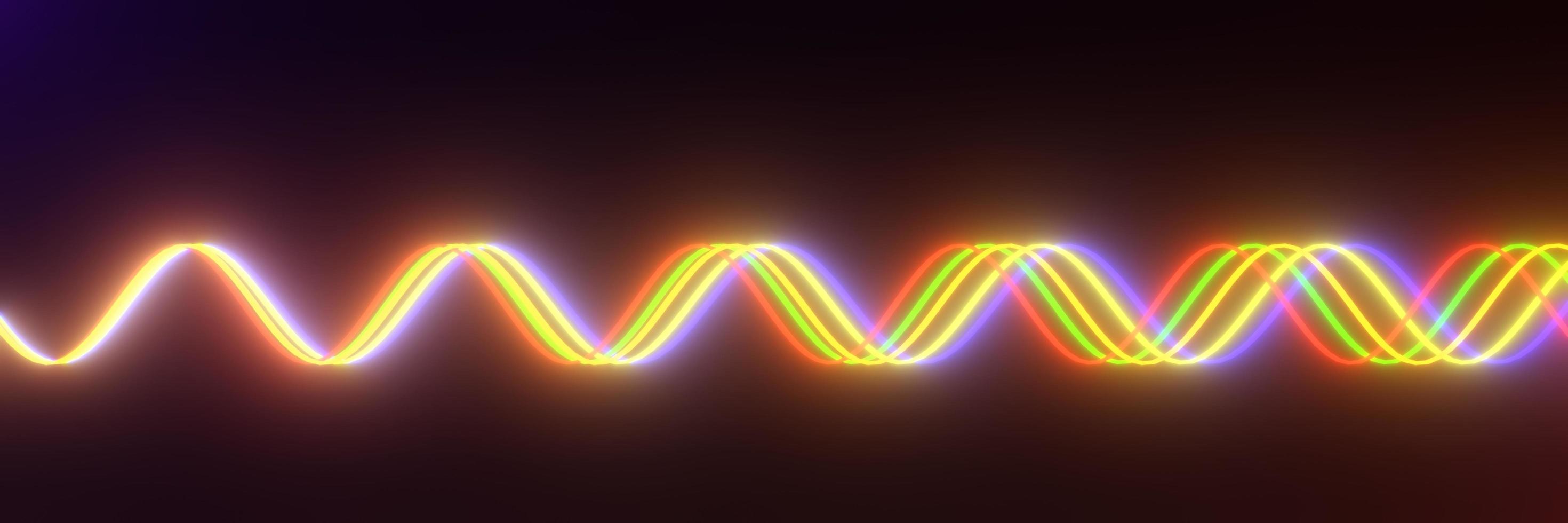3d render of RGB neon light on darkness background. Abstract Laser lines show at night. Ultraviolet spectrum beam scene photo