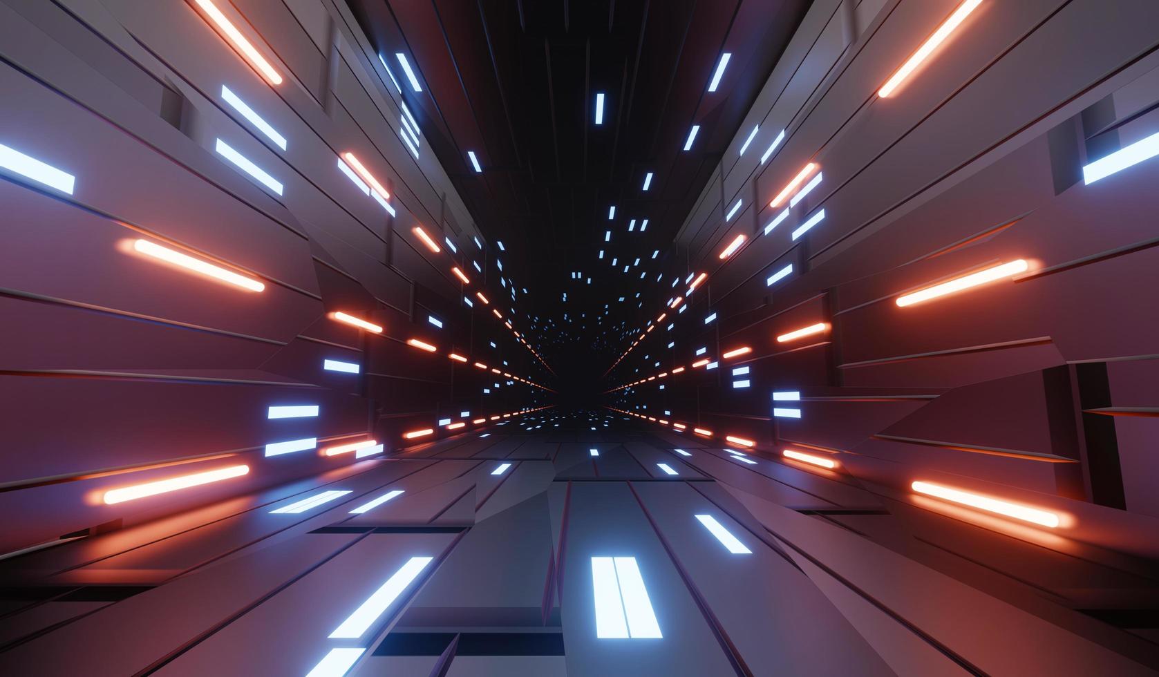 3d render of flash neon and light glowing on dark scene. Speed light tunnel through the city or urban. Technology internet of future network. Sci fiction of hyperspace interstellar travel. photo