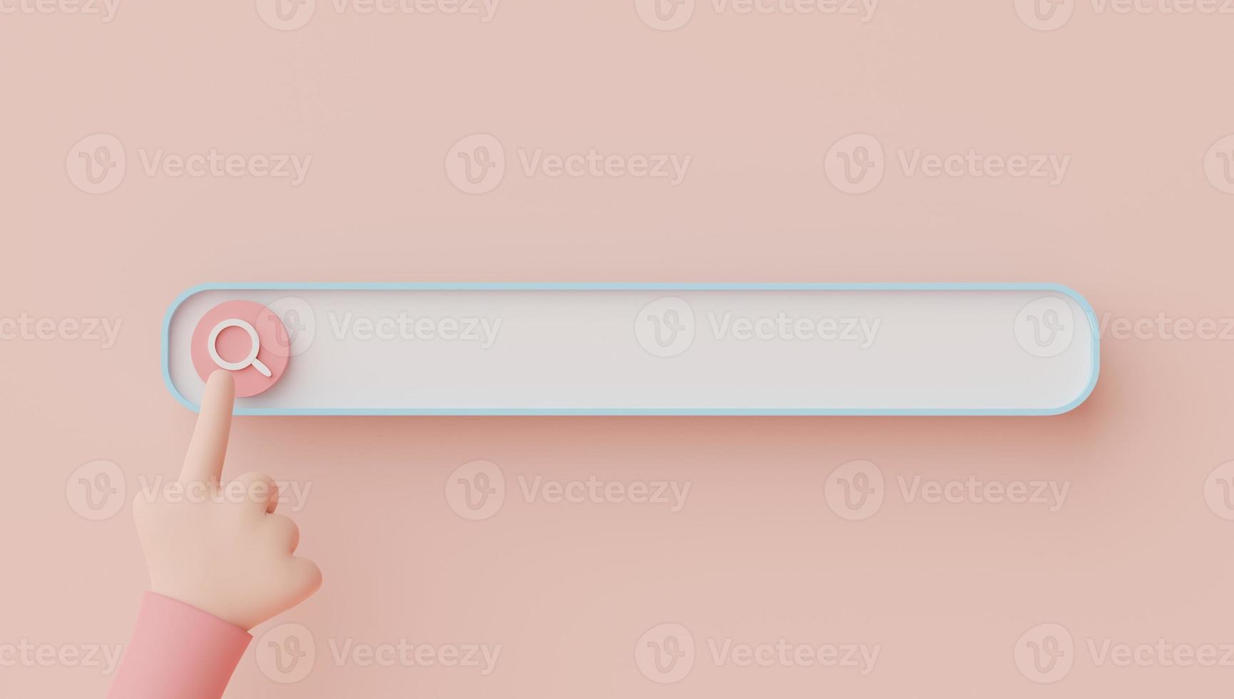 3d render of hand touching on minimal searching menu bar or blank banner magnifying with copy space on pastel earth tone background. Scene for mock up and presentation. Online shopping concept. photo
