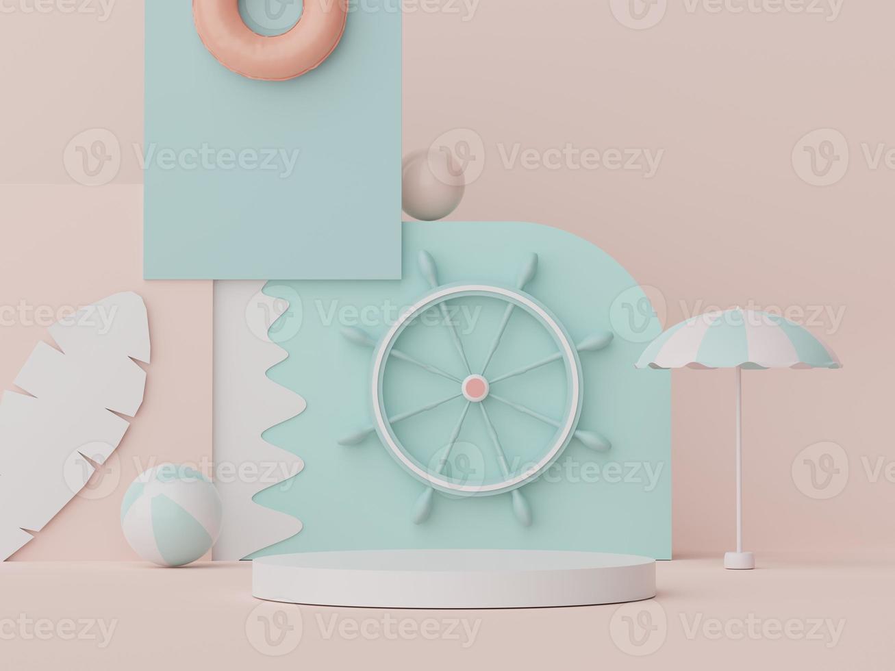 3d podium stand for product presentation with summer concept. Pedestal platform for cosmetic advertising. Minimal summer vacation. photo