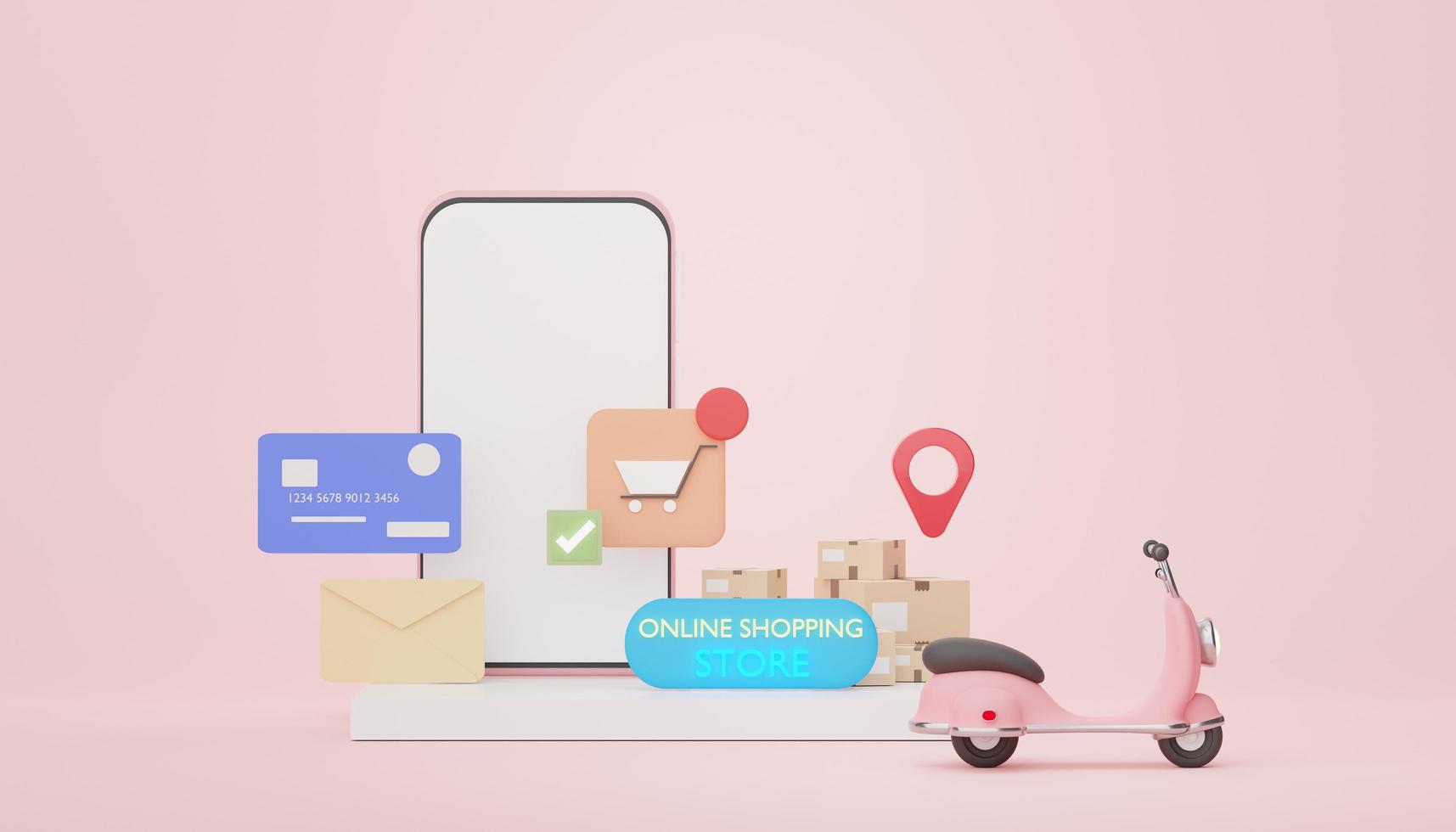 3d render Minimal mini mobile phone or smartphone with credit cards. Mini Scooter parcel delivery on pastel background. Shopping online store application. photo