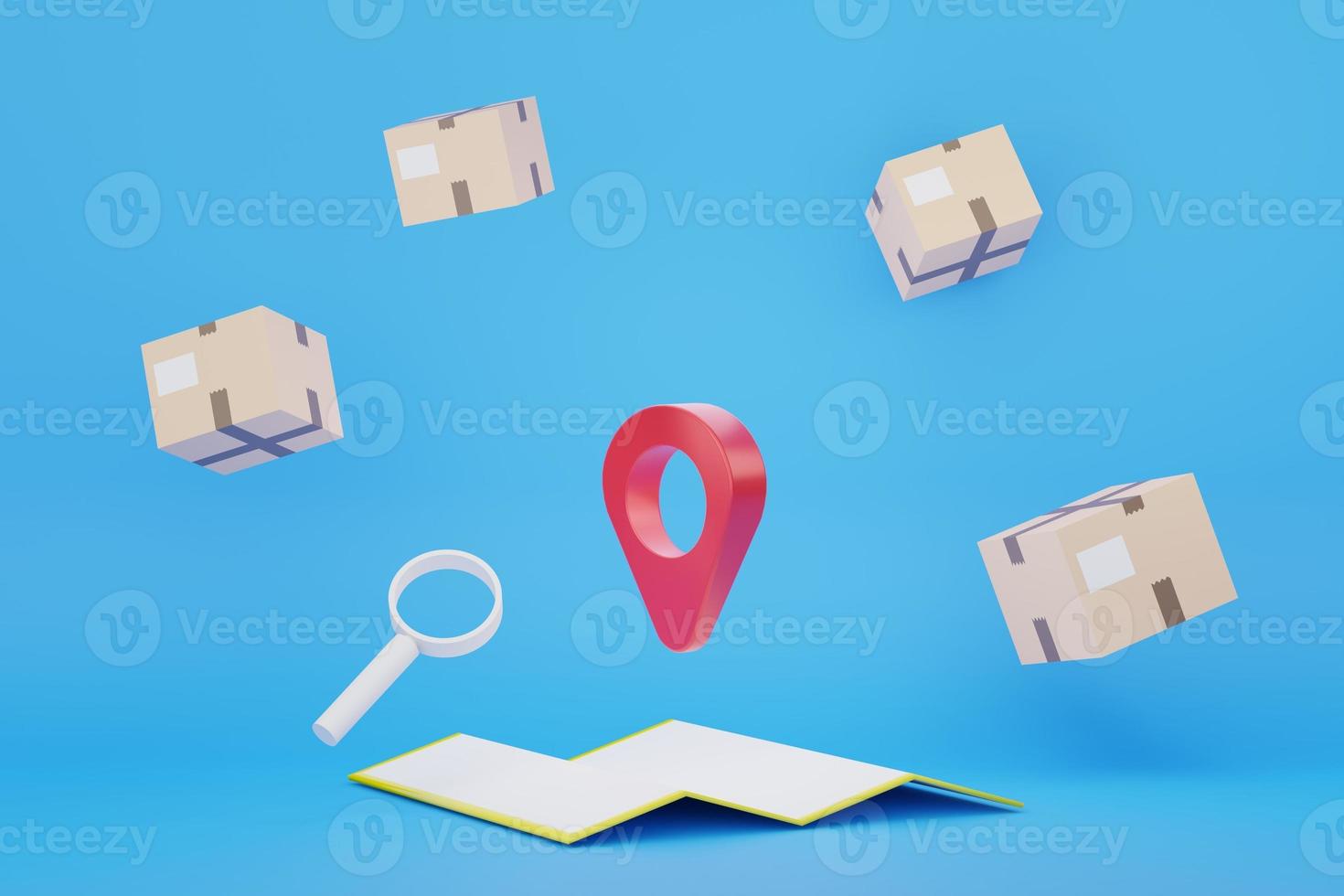 Representación 3d del icono de marca de ubicación de gps y envolvente de mapa con caja de paquete de cartón flotante. concepto de navegación. foto