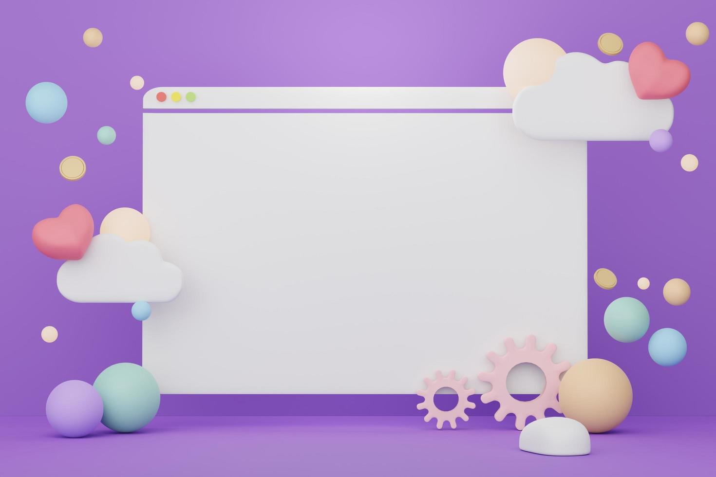 3d render of minimal white blank of web browser window frame for mock up and web banner with simple pastel ornaments. photo